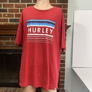 Hurley Men Graphic T-Shirt XXL  Stripes and White Spellout Logo Short Sleeve Red